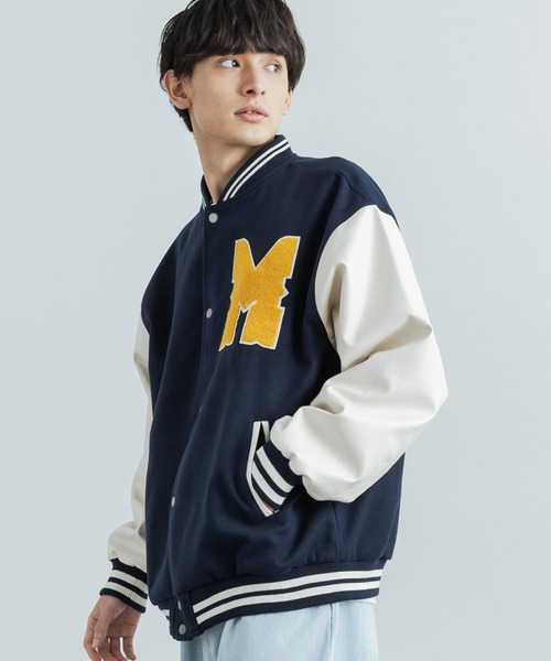 Rocky Monroe(ロッキーモンロー)の「オーバーサイズ テックウールメルトン フェイクレザー切り替えスタジャン(スタジャン・メンズ・ネイビー/ブラウン/グリーン/ブラック×ホワイト/ブラック×ブラック・M/L)」の12枚目の写真