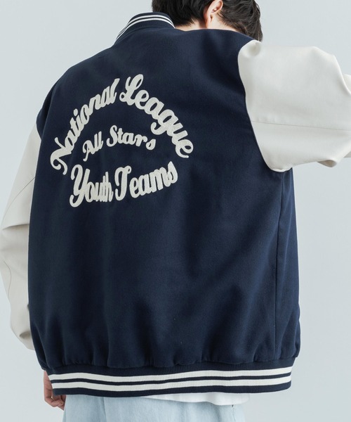Rocky Monroe(ロッキーモンロー)の「オーバーサイズ テックウールメルトン フェイクレザー切り替えスタジャン(スタジャン・メンズ・ネイビー/ブラウン/グリーン/ブラック×ホワイト/ブラック×ブラック・M/L)」の13枚目の写真