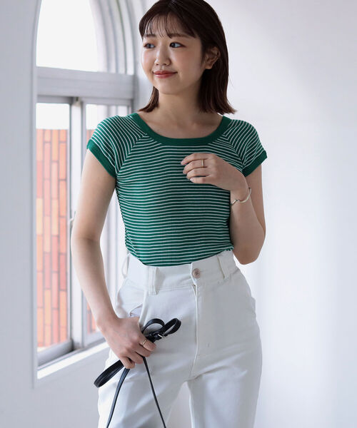 BeAMS DOT（ビームスドット）の「【WEB限定】MILLER x BeAMS DOT / 別注 フレンチスリーブ ミニボーダーT（Tシャツ/カットソー・レディース・オレンジ/ブルー/グリーン・ONE SIZE）」の5枚目の写真