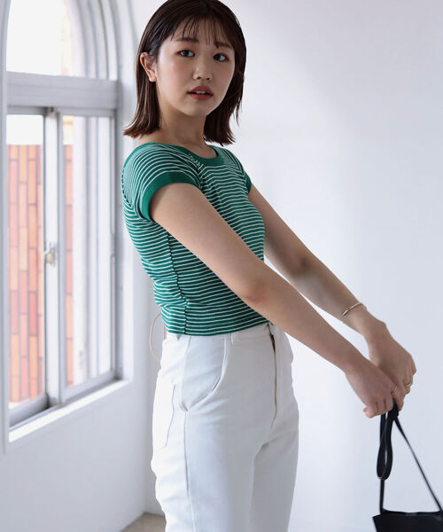 BeAMS DOT（ビームスドット）の「【WEB限定】MILLER x BeAMS DOT / 別注 フレンチスリーブ ミニボーダーT（Tシャツ/カットソー・レディース・オレンジ/ブルー/グリーン・ONE SIZE）」の4枚目の写真