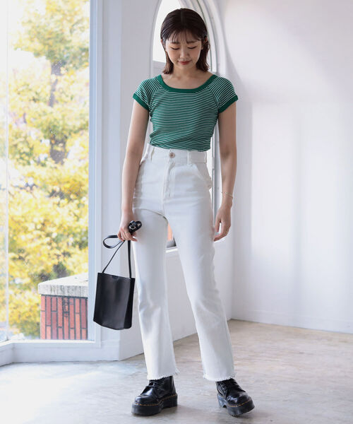 BeAMS DOT（ビームスドット）の「【WEB限定】MILLER x BeAMS DOT / 別注 フレンチスリーブ ミニボーダーT（Tシャツ/カットソー・レディース・オレンジ/ブルー/グリーン・ONE SIZE）」の6枚目の写真