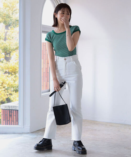 BeAMS DOT（ビームスドット）の「【WEB限定】MILLER x BeAMS DOT / 別注 フレンチスリーブ ミニボーダーT（Tシャツ/カットソー・レディース・オレンジ/ブルー/グリーン・ONE SIZE）」の7枚目の写真