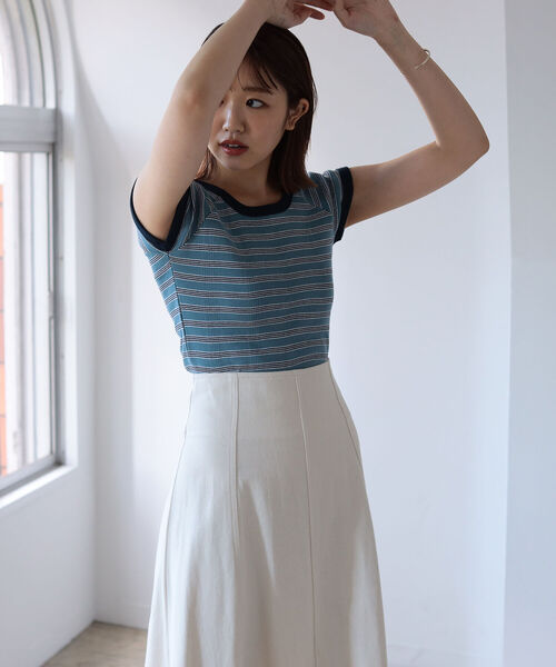 BeAMS DOT（ビームスドット）の「【WEB限定】MILLER x BeAMS DOT / 別注 フレンチスリーブ ミニボーダーT（Tシャツ/カットソー・レディース・オレンジ/ブルー/グリーン・ONE SIZE）」の15枚目の写真