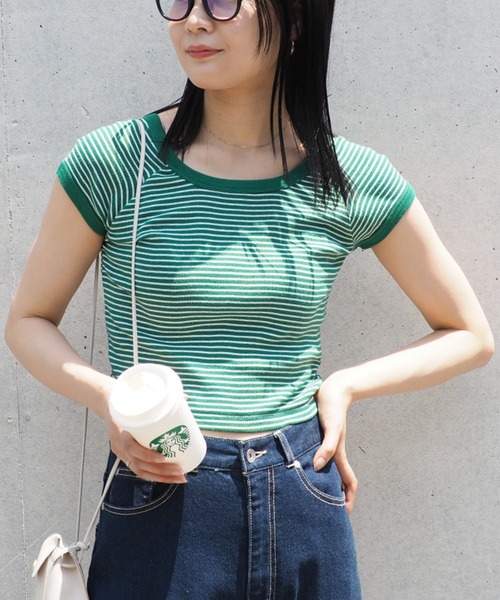 BeAMS DOT（ビームスドット）の「【WEB限定】MILLER x BeAMS DOT / 別注 フレンチスリーブ ミニボーダーT（Tシャツ/カットソー・レディース・オレンジ/ブルー/グリーン・ONE SIZE）」の2枚目の写真