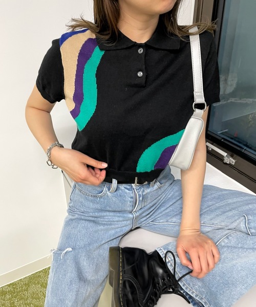 WHO'S WHO gallery(フーズフーギャラリー)の「ウェーブニット半袖ポロ(ポロシャツ・レディース・オフホワイト/オレンジ/ブラック・FREE)」の8枚目の写真