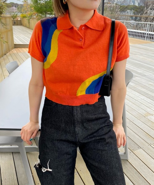WHO'S WHO gallery(フーズフーギャラリー)の「ウェーブニット半袖ポロ(ポロシャツ・レディース・オフホワイト/オレンジ/ブラック・FREE)」の11枚目の写真