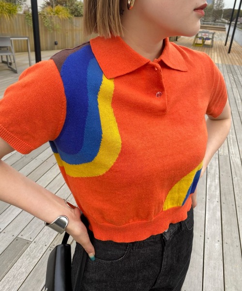 WHO'S WHO gallery(フーズフーギャラリー)の「ウェーブニット半袖ポロ(ポロシャツ・レディース・オフホワイト/オレンジ/ブラック・FREE)」の12枚目の写真