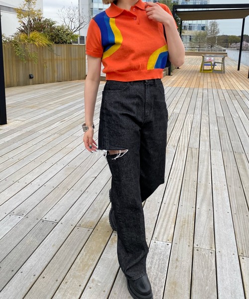 WHO'S WHO gallery(フーズフーギャラリー)の「ウェーブニット半袖ポロ(ポロシャツ・レディース・オフホワイト/オレンジ/ブラック・FREE)」の14枚目の写真