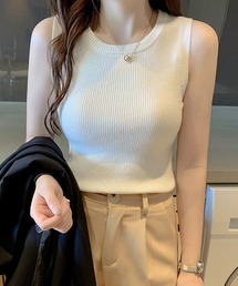 リブハイネックノースリーブトップス