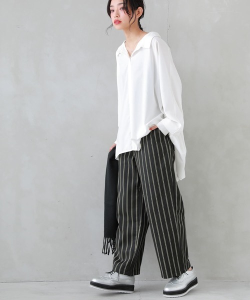 osharewalker（オシャレウォーカー）の「【廃盤】『裏フリースストライプ柄ワイドパンツ』（その他パンツ・レディース・杢グレー/ブラック/ネイビー・1/2）」の12枚目の写真