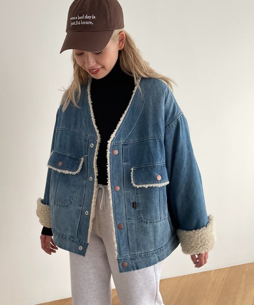 CANAL JEAN(キャナルジーン)の「choice_cnl(チョイス) ノーカラーデニムボアブルゾン(デニムジャケット・レディース・インディゴブルー・1/2)」の2枚目の写真