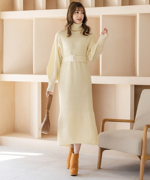 Julia Boutique(ジュリアブティック)の「ベルト付きタートルネックローゲージニットマーメイドワンピース/22637(ワンピース・レディース・アイボリー/ブラック/プラム/モカ・ONE)」の6枚目の写真