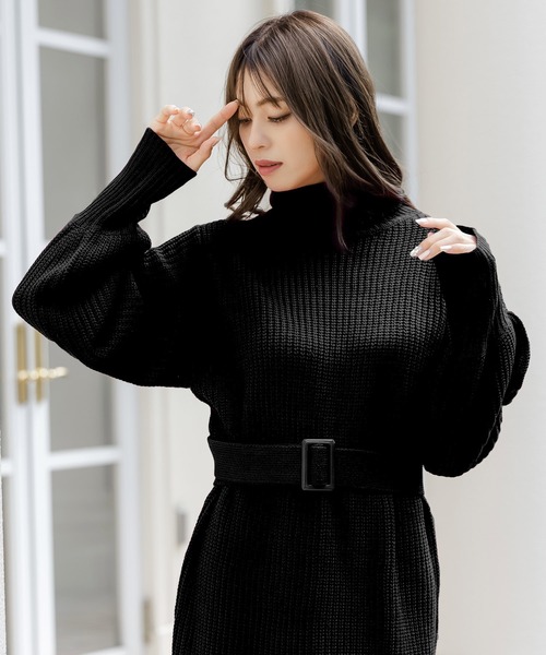 Julia Boutique(ジュリアブティック)の「ベルト付きタートルネックローゲージニットマーメイドワンピース/22637(ワンピース・レディース・アイボリー/ブラック/プラム/モカ・ONE)」の8枚目の写真