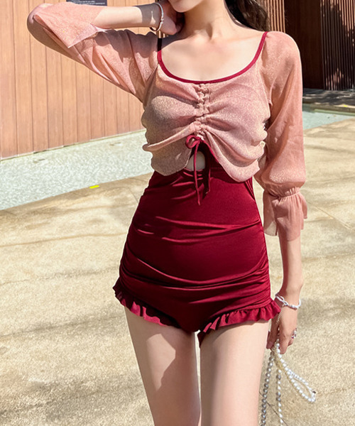 c.u.l(シーユーエル)の「ラメシアー袖 フロントギャザーネックワンピース水着 culb50(水着・レディース・ブラック/ブルーグレー/バーガンディー・L/M/XL)」の3枚目の写真