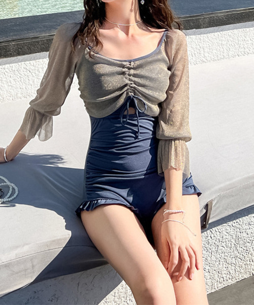 c.u.l(シーユーエル)の「ラメシアー袖 フロントギャザーネックワンピース水着 culb50(水着・レディース・ブラック/ブルーグレー/バーガンディー・L/M/XL)」の1枚目の写真