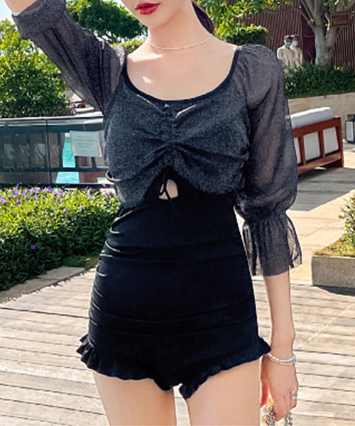 c.u.l(シーユーエル)の「ラメシアー袖 フロントギャザーネックワンピース水着 culb50(水着・レディース・ブラック/ブルーグレー/バーガンディー・L/M/XL)」の2枚目の写真