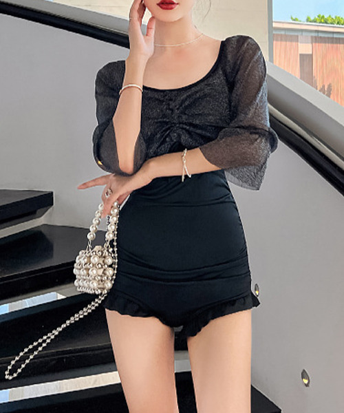 c.u.l(シーユーエル)の「ラメシアー袖 フロントギャザーネックワンピース水着 culb50(水着・レディース・ブラック/ブルーグレー/バーガンディー・L/M/XL)」の10枚目の写真