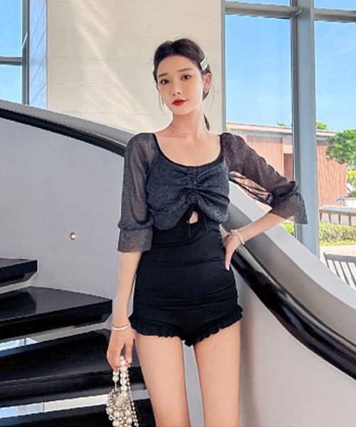 c.u.l(シーユーエル)の「ラメシアー袖 フロントギャザーネックワンピース水着 culb50(水着・レディース・ブラック/ブルーグレー/バーガンディー・L/M/XL)」の13枚目の写真