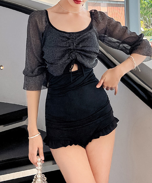 c.u.l(シーユーエル)の「ラメシアー袖 フロントギャザーネックワンピース水着 culb50(水着・レディース・ブラック/ブルーグレー/バーガンディー・L/M/XL)」の9枚目の写真