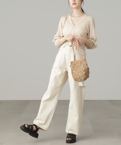 FREE'S MART（フリーズマート）の「◆フラワー雑材バッグ（ハンドバッグ・レディース・ベージュ/グリーン・ﾌﾘ-）」の4枚目の写真