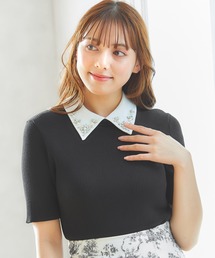 装飾付き襟異素材半袖ニット