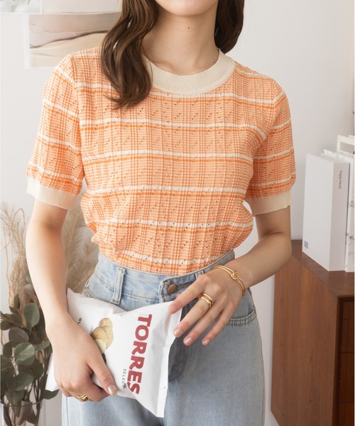 Ada.（エイダ）の「ツイードライクサマーニットトップス（Tシャツ/カットソー・レディース・オレンジ/グリーン/ブラック・FREE）」の14枚目の写真