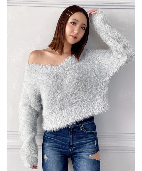 GYDA（ジェイダ）の「Ｖネックラメシャギーニットトップス（ニット/セーター・レディース・ライトグレー/ベージュ・FREE）」の14枚目の写真