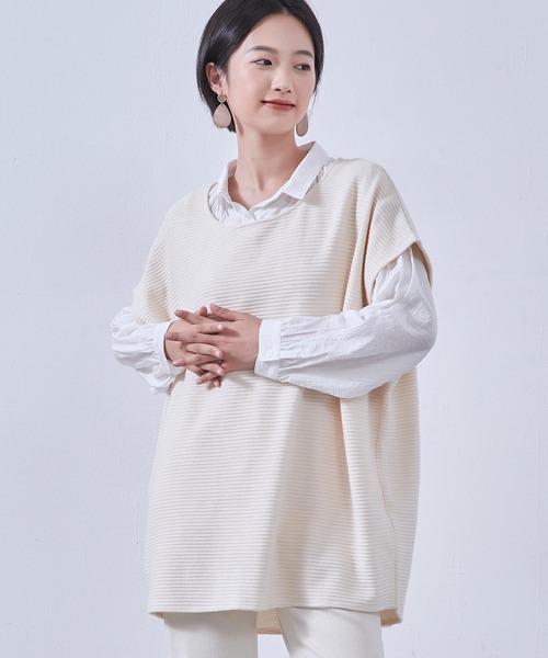 On One's Own（オンワンズオン）の「On One's Own 畝織りニット風カットソー　チュニックベスト（ベスト・レディース・アイボリー/ネイビー/オートミール・FREE）」の4枚目の写真
