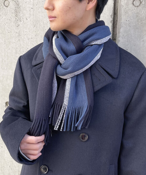 ▼COMEdesGARCONS▼ストライプ マフラー 青とベージュ COMME CA ISM（コムサイズム）の「ラッセル ストライプ マフラー