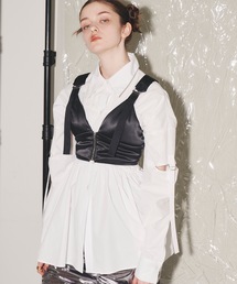 VIOLETTA | ロゴ刺繍入りシャーリングロングシャツ(シャツ/ブラウス)