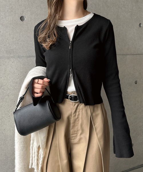 ホームピレッセ ブラック プリーツカーディガン 新サイズ追加】セルフカットリブショート丈ジップカーディガン