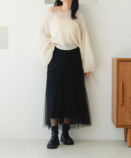 fupel（フぺル）の「2WAYリボンスリーブ透かし編みニット（ニット/セーター・レディース・オレンジ/アイボリー/ブルー・FREE）」の21枚目の写真