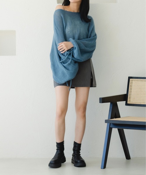 fupel（フぺル）の「2WAYリボンスリーブ透かし編みニット（ニット/セーター・レディース・オレンジ/アイボリー/ブルー・FREE）」の11枚目の写真