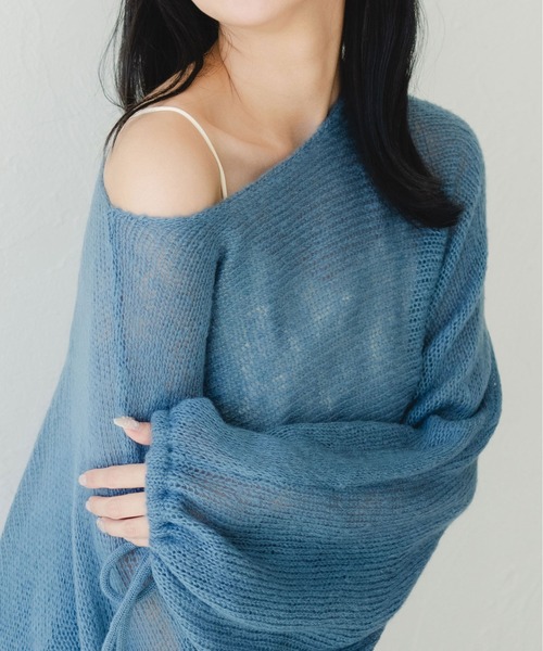 fupel（フぺル）の「2WAYリボンスリーブ透かし編みニット（ニット/セーター・レディース・オレンジ/アイボリー/ブルー・FREE）」の4枚目の写真