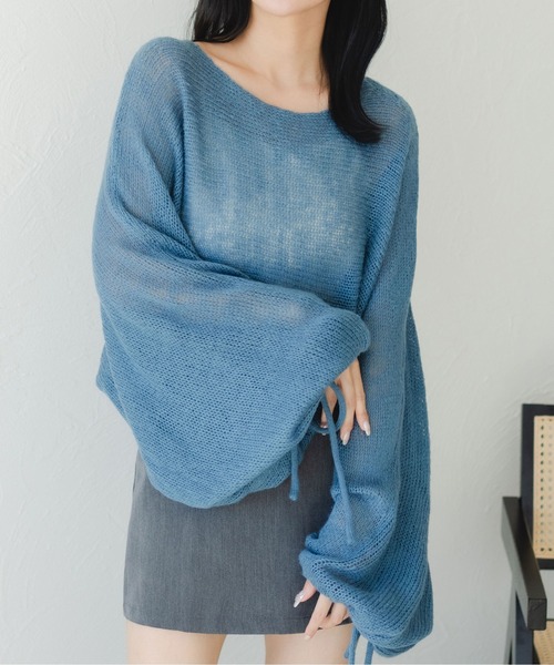 fupel（フぺル）の「2WAYリボンスリーブ透かし編みニット（ニット/セーター・レディース・オレンジ/アイボリー/ブルー・FREE）」の9枚目の写真
