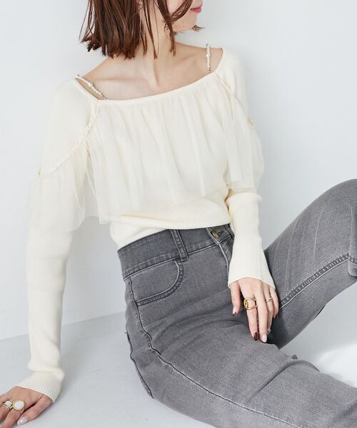 MAJESTIC LEGON（マジェスティックレゴン）の「2wayパールチェーンチュールニット（ニット/セーター・レディース・チャコールグレー/ライトグレー/アイボリー・MEDIUM）」の8枚目の写真