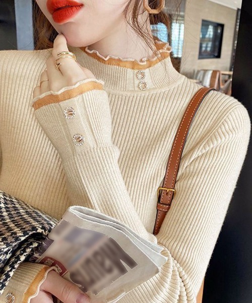 Miniministore（ミニミニストア）の「リブニットトップス きれいめ ハイネック（ニット/セーター・レディース・アイボリー/ブラック/オフホワイト/ピンク/ライトベージュ・FREE）」の4枚目の写真