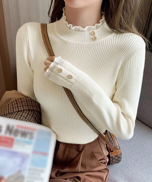 Miniministore（ミニミニストア）の「リブニットトップス きれいめ ハイネック（ニット/セーター・レディース・アイボリー/ブラック/オフホワイト/ピンク/ライトベージュ・FREE）」の2枚目の写真