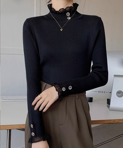 Miniministore（ミニミニストア）の「リブニットトップス きれいめ ハイネック（ニット/セーター・レディース・アイボリー/ブラック/オフホワイト/ピンク/ライトベージュ・FREE）」の3枚目の写真