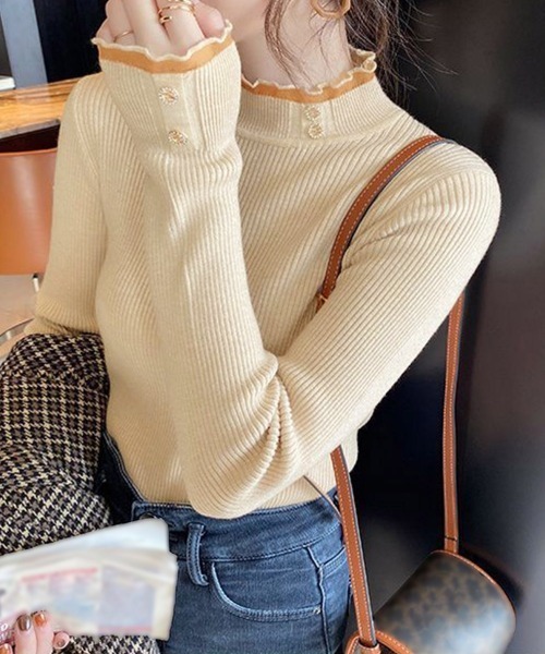 Miniministore（ミニミニストア）の「リブニットトップス きれいめ ハイネック（ニット/セーター・レディース・アイボリー/ブラック/オフホワイト/ピンク/ライトベージュ・FREE）」の6枚目の写真