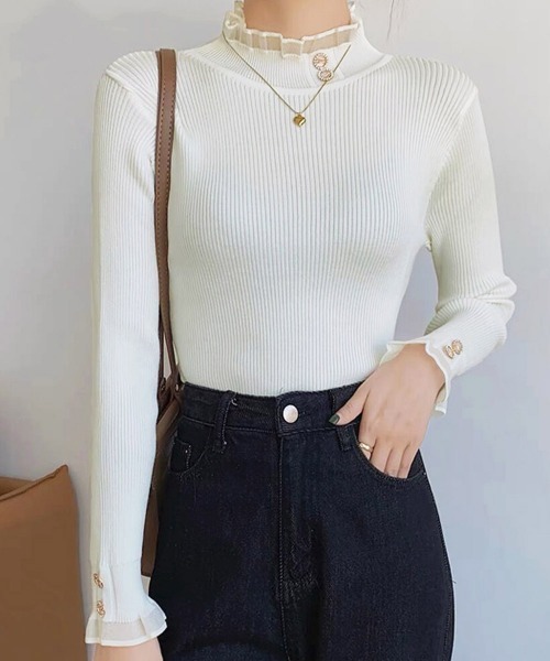 Miniministore（ミニミニストア）の「リブニットトップス きれいめ ハイネック（ニット/セーター・レディース・アイボリー/ブラック/オフホワイト/ピンク/ライトベージュ・FREE）」の8枚目の写真