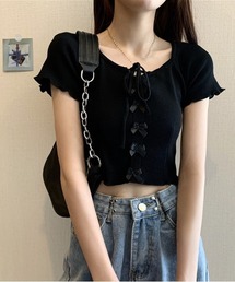 前リボンクロップド丈サマーニットプルオーバー