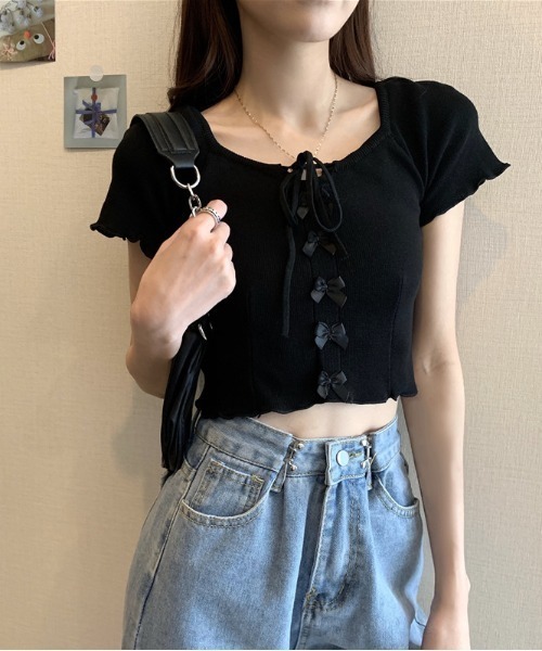Jayro(ジャイロ)の「前リボンクロップド丈サマーニットプルオーバー(Tシャツ/カットソー・レディース・ブラック/ブルー/ラベンダー/ホワイト・FREE)」の10枚目の写真