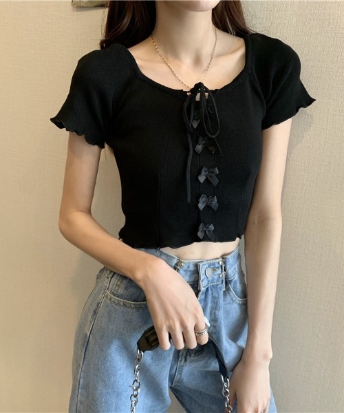 Jayro(ジャイロ)の「前リボンクロップド丈サマーニットプルオーバー(Tシャツ/カットソー・レディース・ブラック/ブルー/ラベンダー/ホワイト・FREE)」の12枚目の写真