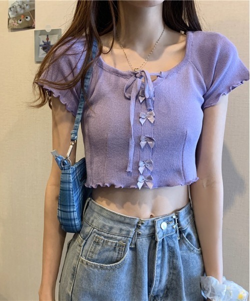 Jayro(ジャイロ)の「前リボンクロップド丈サマーニットプルオーバー(Tシャツ/カットソー・レディース・ブラック/ブルー/ラベンダー/ホワイト・FREE)」の18枚目の写真