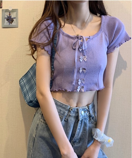 Jayro(ジャイロ)の「前リボンクロップド丈サマーニットプルオーバー(Tシャツ/カットソー・レディース・ブラック/ブルー/ラベンダー/ホワイト・FREE)」の19枚目の写真