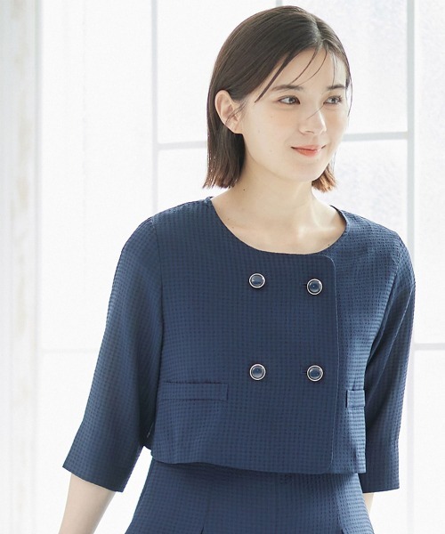 12Twelve Agenda（トゥエルブ　アジェンダ）の「シアサッカーノーカラーダブルジャケット（ノーカラージャケット・レディース・ネイビー/グリーン・M）」の2枚目の写真