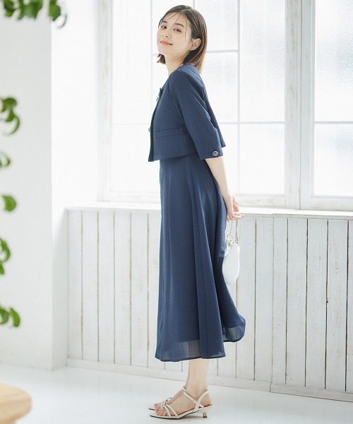 12Twelve Agenda（トゥエルブ　アジェンダ）の「シアサッカーノーカラーダブルジャケット（ノーカラージャケット・レディース・ネイビー/グリーン・M）」の8枚目の写真