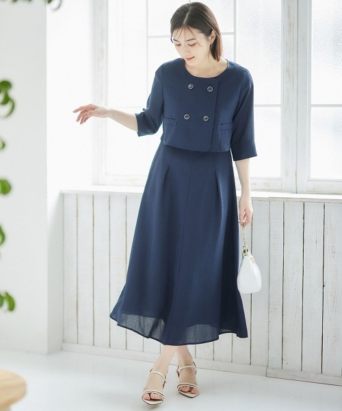 12Twelve Agenda（トゥエルブ　アジェンダ）の「シアサッカーノーカラーダブルジャケット（ノーカラージャケット・レディース・ネイビー/グリーン・M）」の7枚目の写真