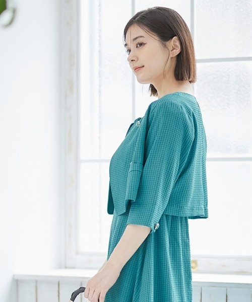 12Twelve Agenda（トゥエルブ　アジェンダ）の「シアサッカーノーカラーダブルジャケット（ノーカラージャケット・レディース・ネイビー/グリーン・M）」の13枚目の写真